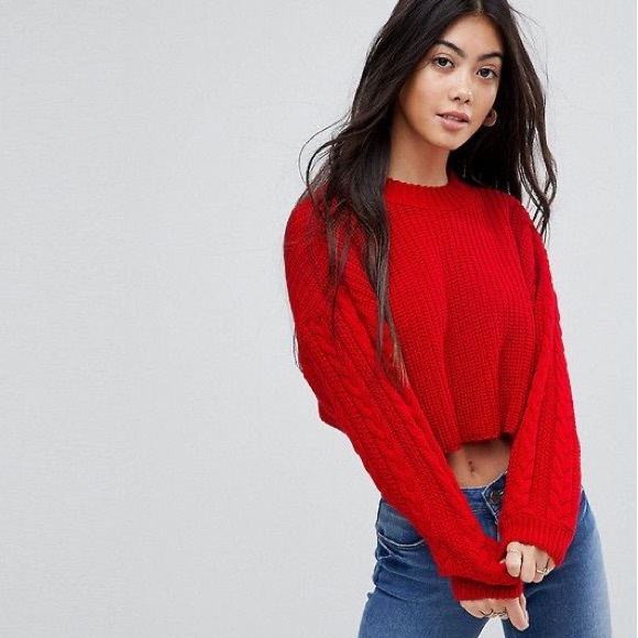 Miss Selfridge Sweaters - Miss Selfrige Candy Apple Red Petite Crew Cable Knit Crop Jumper Sweater